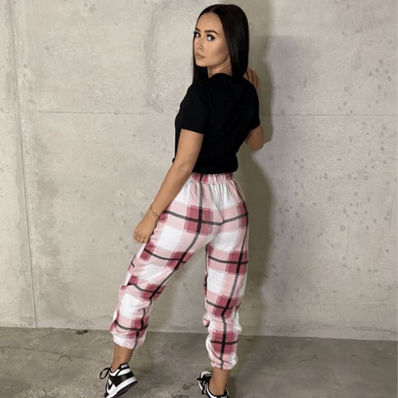 Pink Plaid Check High Waist Loose Fit Joggers Jogger Pants - Picture 6 of 12